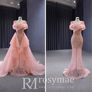 Pink Detachable Train Beading Mermaid Evening Gown See Through Party Dress - Rosymae