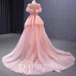 Pink Detachable Train Beading Mermaid Evening Gown See Through Party Dress - Rosymae