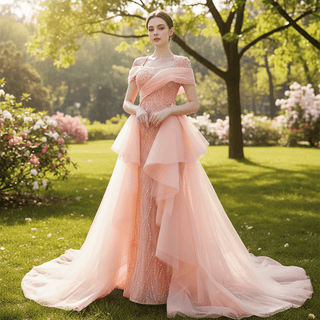 Pink Detachable Train Beading Mermaid Evening Gown See Through Party Dress - Rosymae