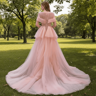 Pink Detachable Train Beading Mermaid Evening Gown See Through Party Dress - Rosymae