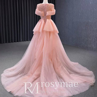 Pink Detachable Train Beading Mermaid Evening Gown See Through Party Dress - Rosymae