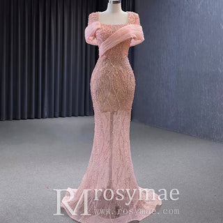 Pink Detachable Train Beading Mermaid Evening Gown See Through Party Dress - Rosymae