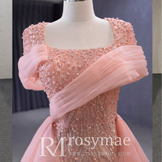 Pink Detachable Train Beading Mermaid Evening Gown See Through Party Dress - Rosymae