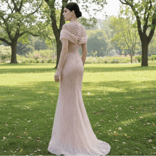 Pink Detachable Train Beading Mermaid Evening Gown See Through Party Dress - Rosymae