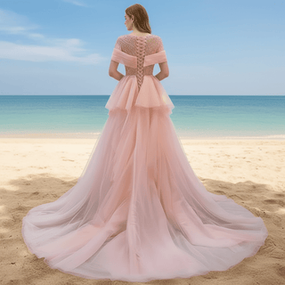 Pink Detachable Train Beading Mermaid Evening Gown See Through Party Dress - Rosymae