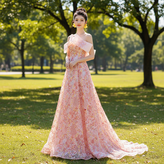 Strapless Pink Floral Formal Evening Dress A-line Prom Dress