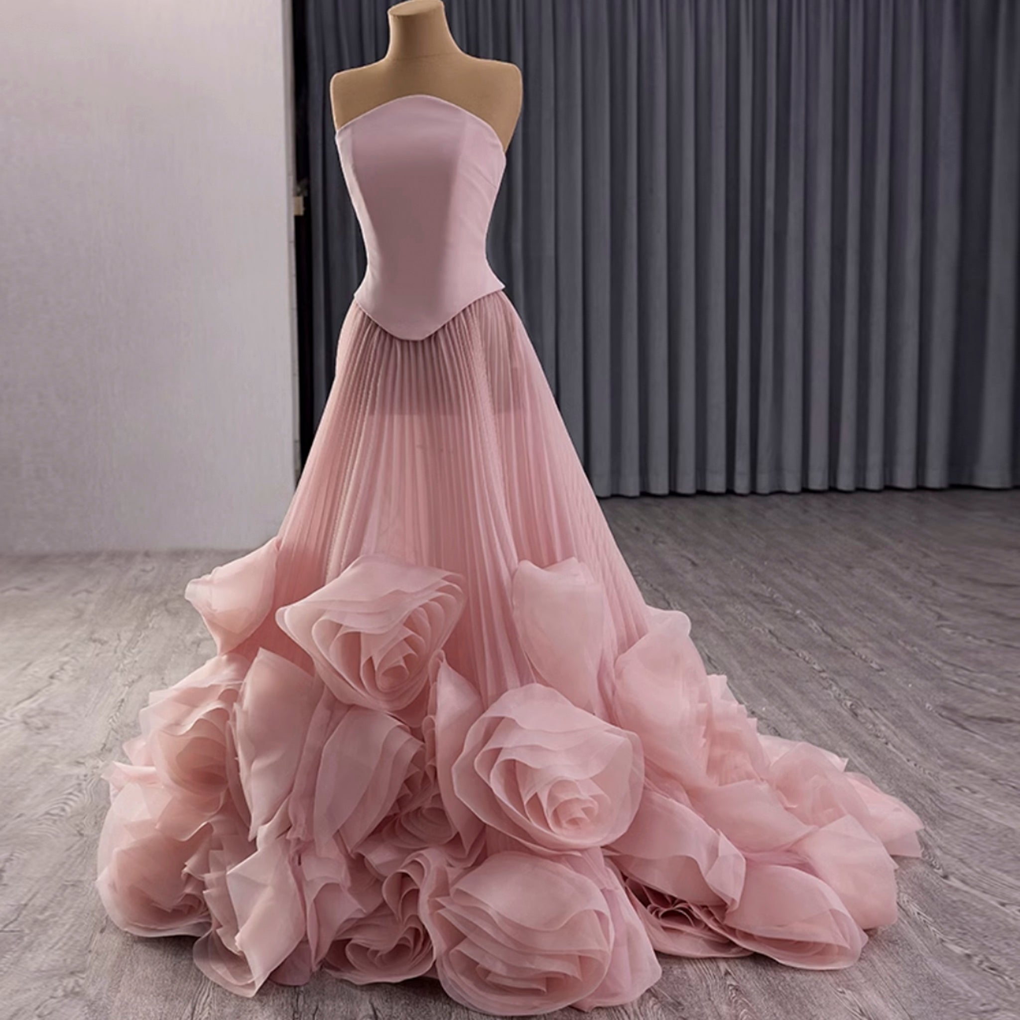 Elegant Strapless Ruffles Long Formal Dress Prom Gown With 3D Flowers Rosymae Elegant Strapless Ruffles Long Formal Dress Prom Gown With 3D Flowers Rosymae