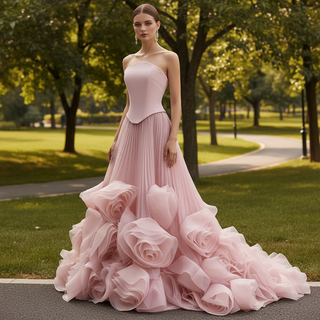 Elegant Strapless Ruffles Long Formal Dress Prom Gown With 3D Flowers
