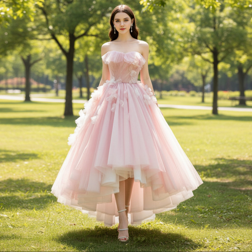 Pink Tiered Tulle High Low Prom Dress Long Formal Dress Pink / Custom Size Pink Tiered Tulle High Low Prom Dress Long Formal Dress Pink / Custom Size