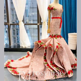 Pink Mermaid Lace Red Appliques Off The Shoulder Prom Dress With Sash - Rosymae