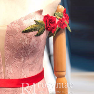 Pink Mermaid Lace Red Appliques Off The Shoulder Prom Dress With Sash - Rosymae