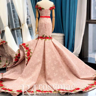 Pink Mermaid Lace Red Appliques Off The Shoulder Prom Dress With Sash - Rosymae