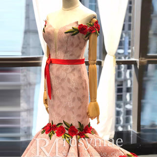 Pink Mermaid Lace Red Appliques Off The Shoulder Prom Dress With Sash - Rosymae