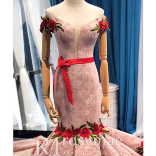 Pink Mermaid Lace Red Appliques Off The Shoulder Prom Dress With Sash - Rosymae