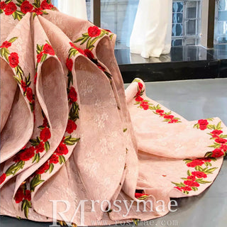 Pink Mermaid Lace Red Appliques Off The Shoulder Prom Dress With Sash - Rosymae