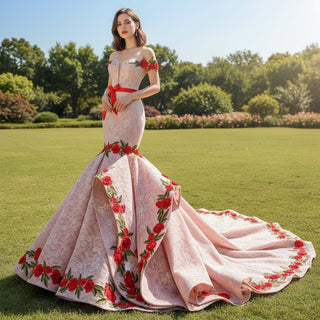 Pink Mermaid Lace Red Appliques Off The Shoulder Prom Dress With Sash - Rosymae