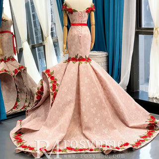 Pink Mermaid Lace Red Appliques Off The Shoulder Prom Dress With Sash - Rosymae