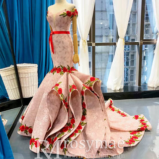 Pink Mermaid Lace Red Appliques Off The Shoulder Prom Dress With Sash - Rosymae