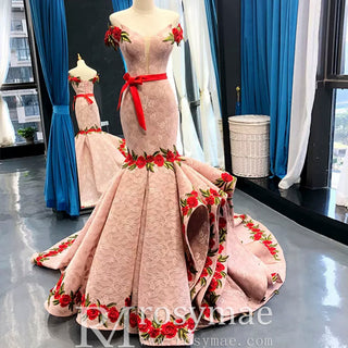 Pink Mermaid Lace Red Appliques Off The Shoulder Prom Dress With Sash - Rosymae