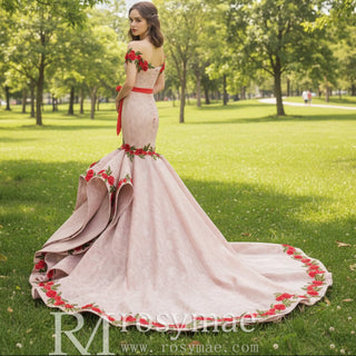 Pink Mermaid Lace Red Appliques Off The Shoulder Prom Dress With Sash - Rosymae