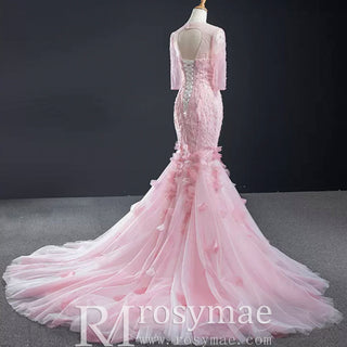 Pink Mermaid Long Sleeve Backless Beading Sequins Prom Dress - Rosymae