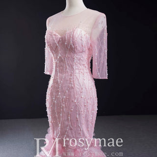 Pink Mermaid Long Sleeve Backless Beading Sequins Prom Dress - Rosymae