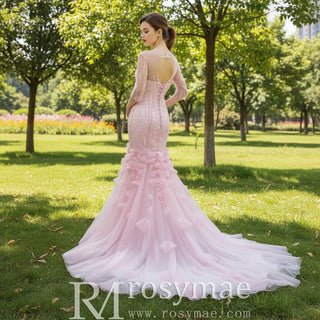 Pink Mermaid Long Sleeve Backless Beading Sequins Prom Dress - Rosymae