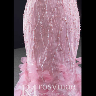 Pink Mermaid Long Sleeve Backless Beading Sequins Prom Dress - Rosymae
