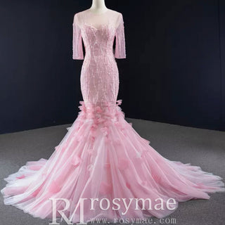 Pink Mermaid Long Sleeve Backless Beading Sequins Prom Dress - Rosymae