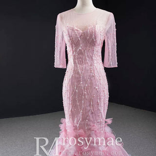 Pink Mermaid Long Sleeve Backless Beading Sequins Prom Dress - Rosymae