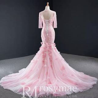 Pink Mermaid Long Sleeve Backless Beading Sequins Prom Dress - Rosymae