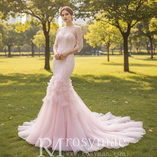 Pink Mermaid Long Sleeve Backless Beading Sequins Prom Dress - Rosymae