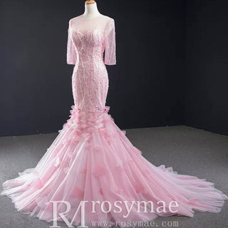 Pink Mermaid Long Sleeve Backless Beading Sequins Prom Dress - Rosymae