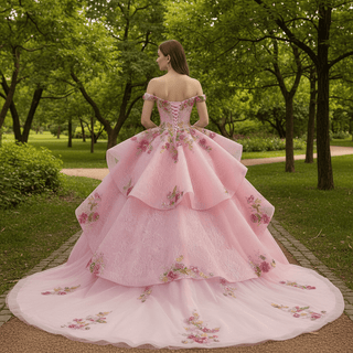 Pink Off-Shoulder Quinceañera Ball Gown with Sequins & 3D Floral Appliqués - Rosymae
