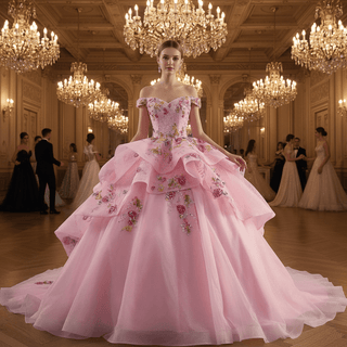 Pink Off-Shoulder Quinceañera Ball Gown with Sequins & 3D Floral Appliqués - Rosymae