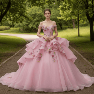 Pink Off-Shoulder Quinceañera Ball Gown with Sequins & 3D Floral Appliqués - Rosymae