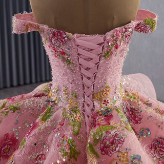 Pink Off-Shoulder Quinceañera Ball Gown with Sequins & 3D Floral Appliqués - Rosymae