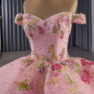 Pink Off-Shoulder Quinceañera Ball Gown with Sequins & 3D Floral Appliqués - Rosymae