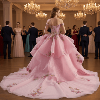 Pink Off-Shoulder Quinceañera Ball Gown with Sequins & 3D Floral Appliqués - Rosymae