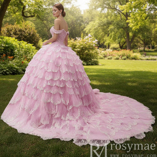 Pink Off-the-Shoulder Quinceañera Ball Gown with Tiered Ruffle Skirt & Corset Back - Rosymae