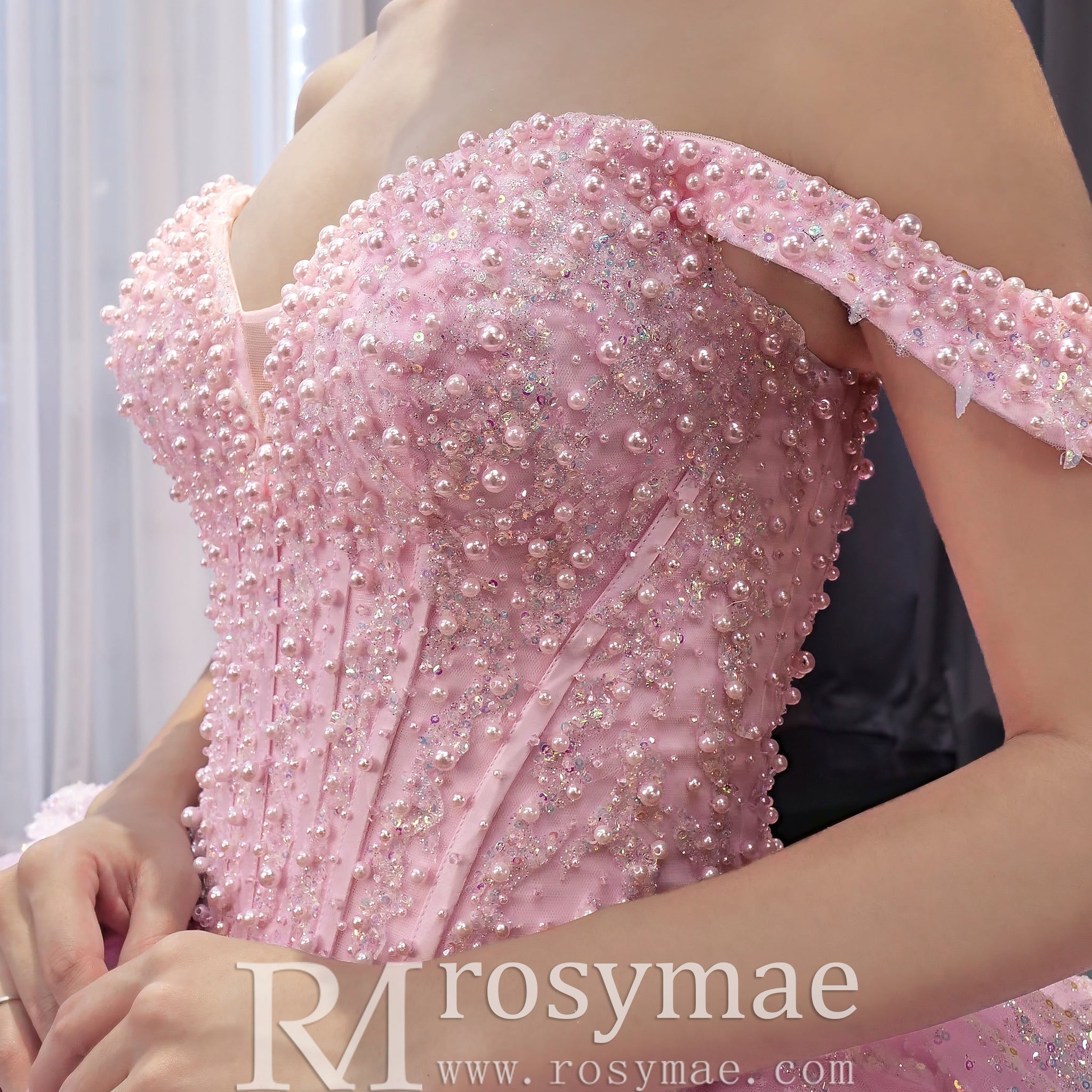 Pink Off-the-Shoulder Quinceañera Ball Gown with Tiered Ruffle Skirt & Corset Back - Rosymae