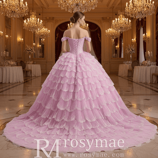 Pink Off-the-Shoulder Quinceañera Ball Gown with Tiered Ruffle Skirt & Corset Back - Rosymae