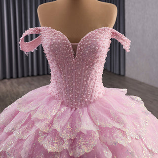 Pink Off-the-Shoulder Quinceañera Ball Gown with Tiered Ruffle Skirt & Corset Back - Rosymae