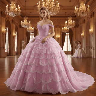 Pink Off-the-Shoulder Quinceañera Ball Gown with Tiered Ruffle Skirt & Corset Back - Rosymae