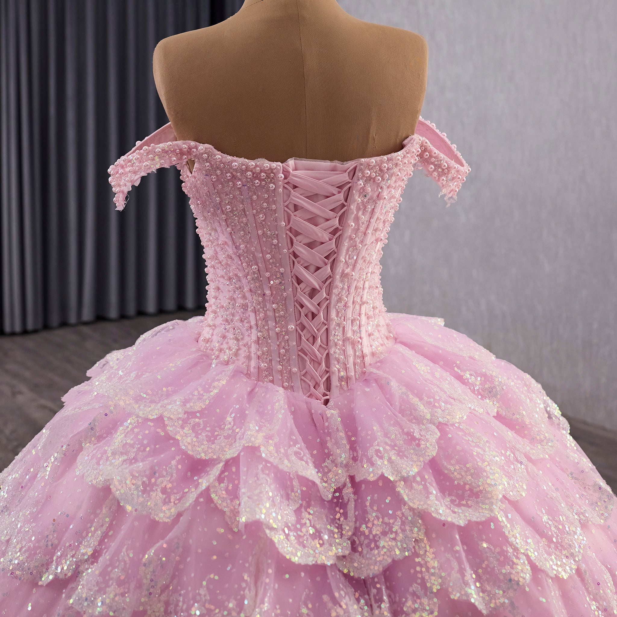 Pink Off-the-Shoulder Quinceañera Ball Gown with Tiered Ruffle Skirt & Corset Back - Rosymae