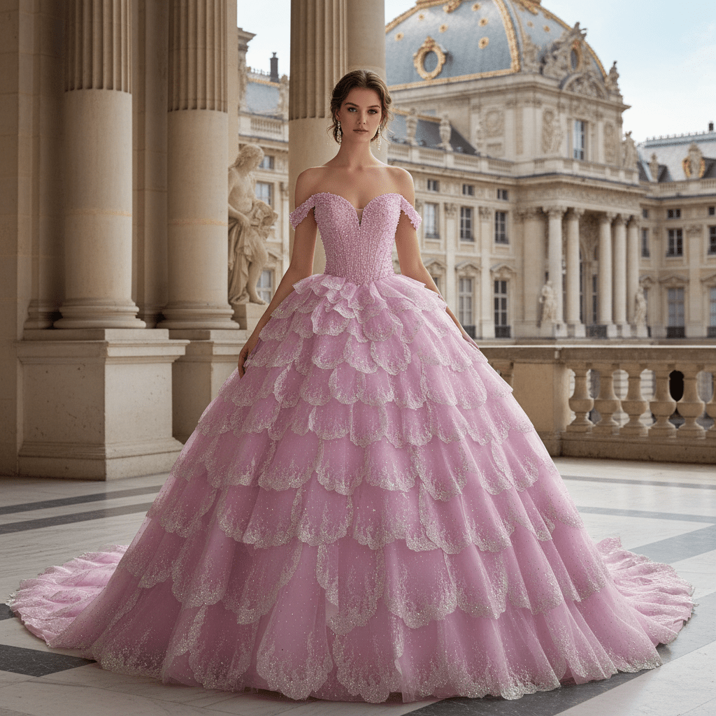 Pink Off-the-Shoulder Quinceañera Ball Gown with Tiered Ruffle Skirt & Corset Back - Rosymae