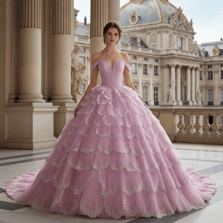 Pink Off-the-Shoulder Quinceañera Ball Gown with Tiered Ruffle Skirt & Corset Back - Rosymae