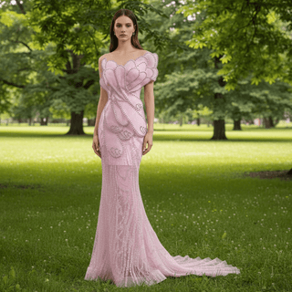 Pink Petal Mermaid Wedding Dress with Crystal-Outlined Sculptural & Illusion Mesh Train - Rosymae