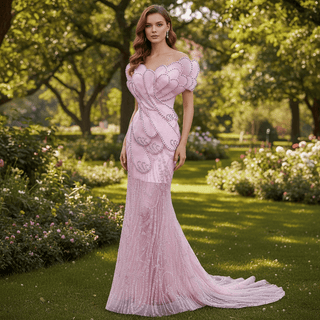 Pink Petal Mermaid Wedding Dress with Crystal-Outlined Sculptural & Illusion Mesh Train - Rosymae