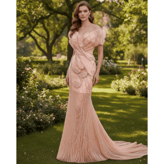 Pink Petal Mermaid Wedding Dress with Crystal-Outlined Sculptural & Illusion Mesh Train - Rosymae